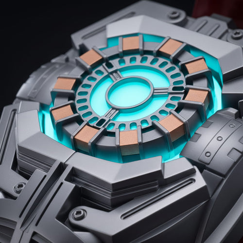 Iron Man Arc Reactor glowing blue LED detail close-up - Iron Man MK5 Display Stand ArcForge