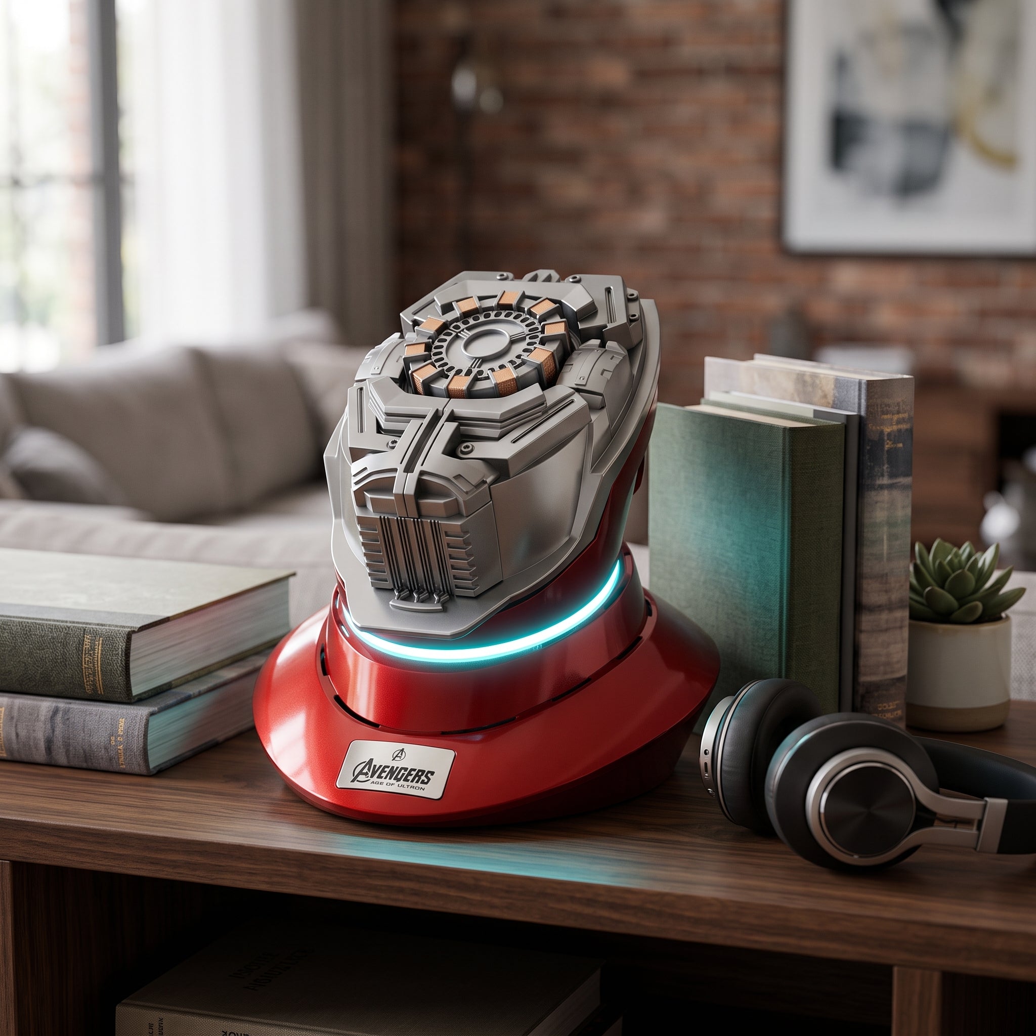 Iron Man helmet display stand on a living room shelf beside books for scale