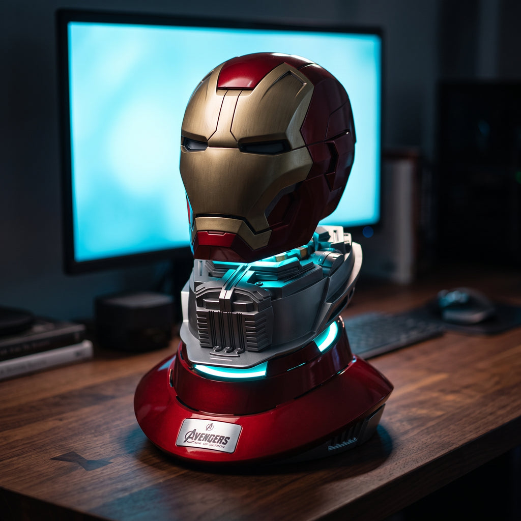 Iron Man helmet display stand on a desk, uplighting a red and gold helmet