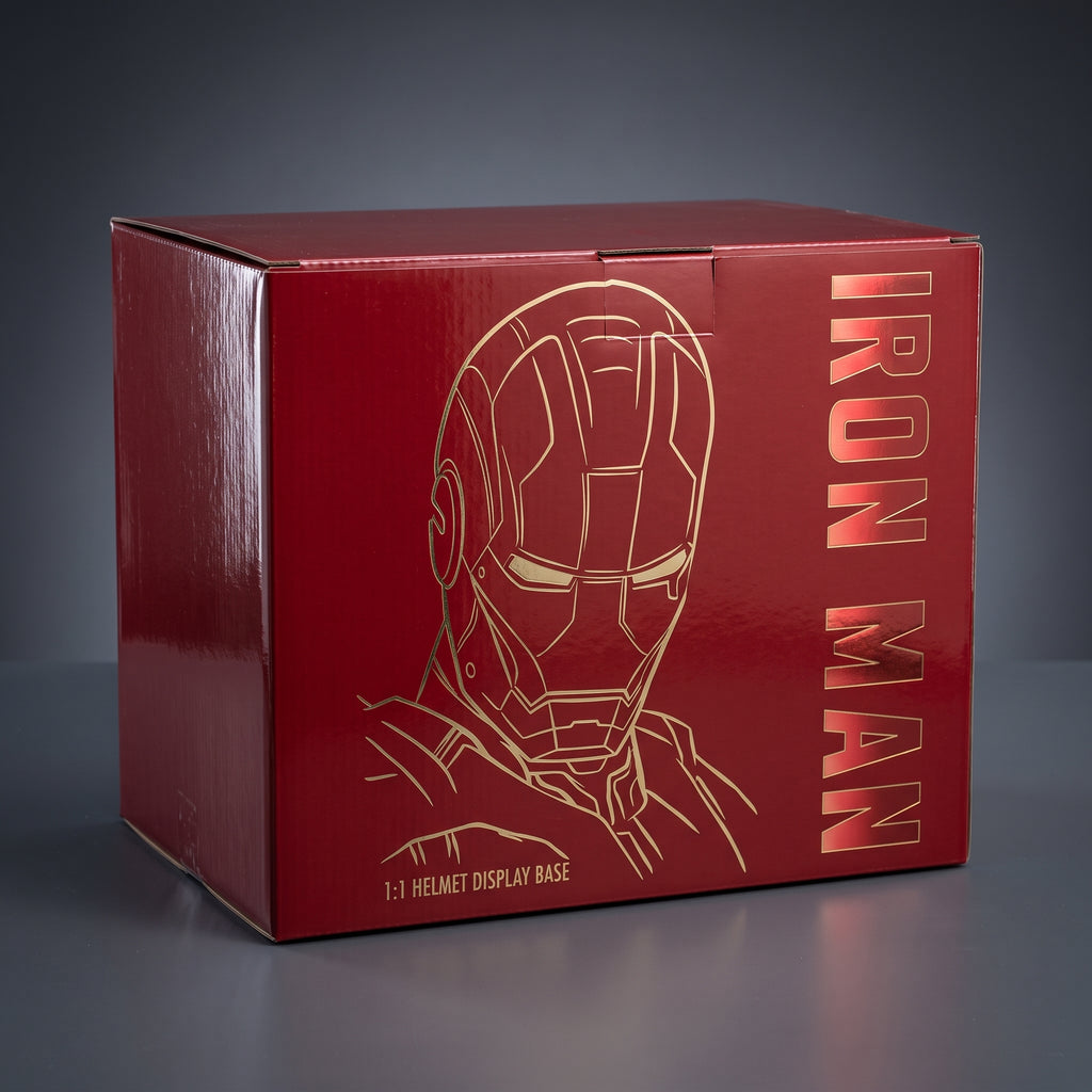 Iron Man helmet display stand retail box, closed, showing the printed artwork