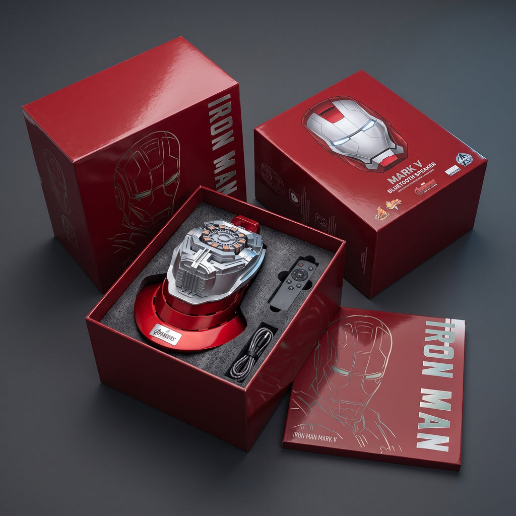 Helmet display stand in its open box with USB charging cable and remote