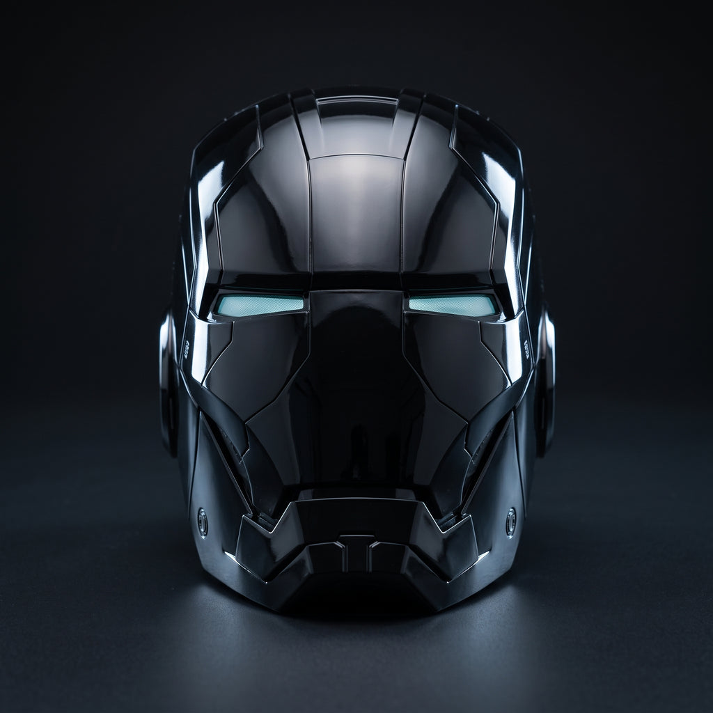 Mark V Iron Man helmet in gloss black, front view with LED eyes lit, 1:1 wearable by ArcForge