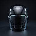 Mark V Iron Man helmet in gloss black, front view with LED eyes lit, 1:1 wearable by ArcForge
