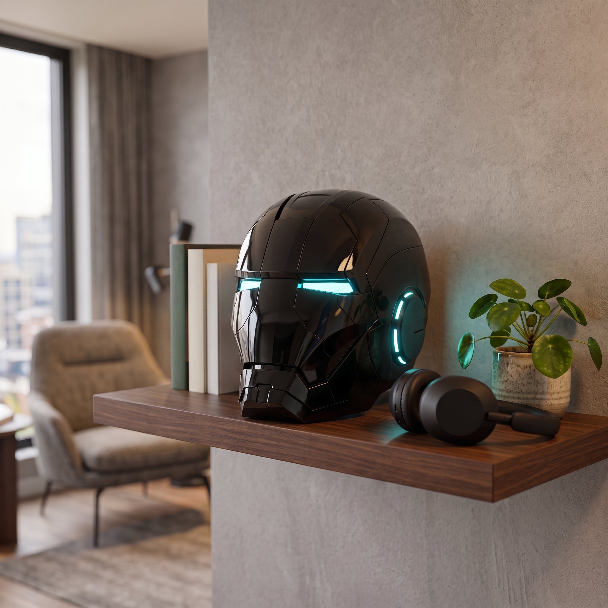 Gloss black Mark V Iron Man helmet displayed on a living room shelf, showing 1:1 adult scale