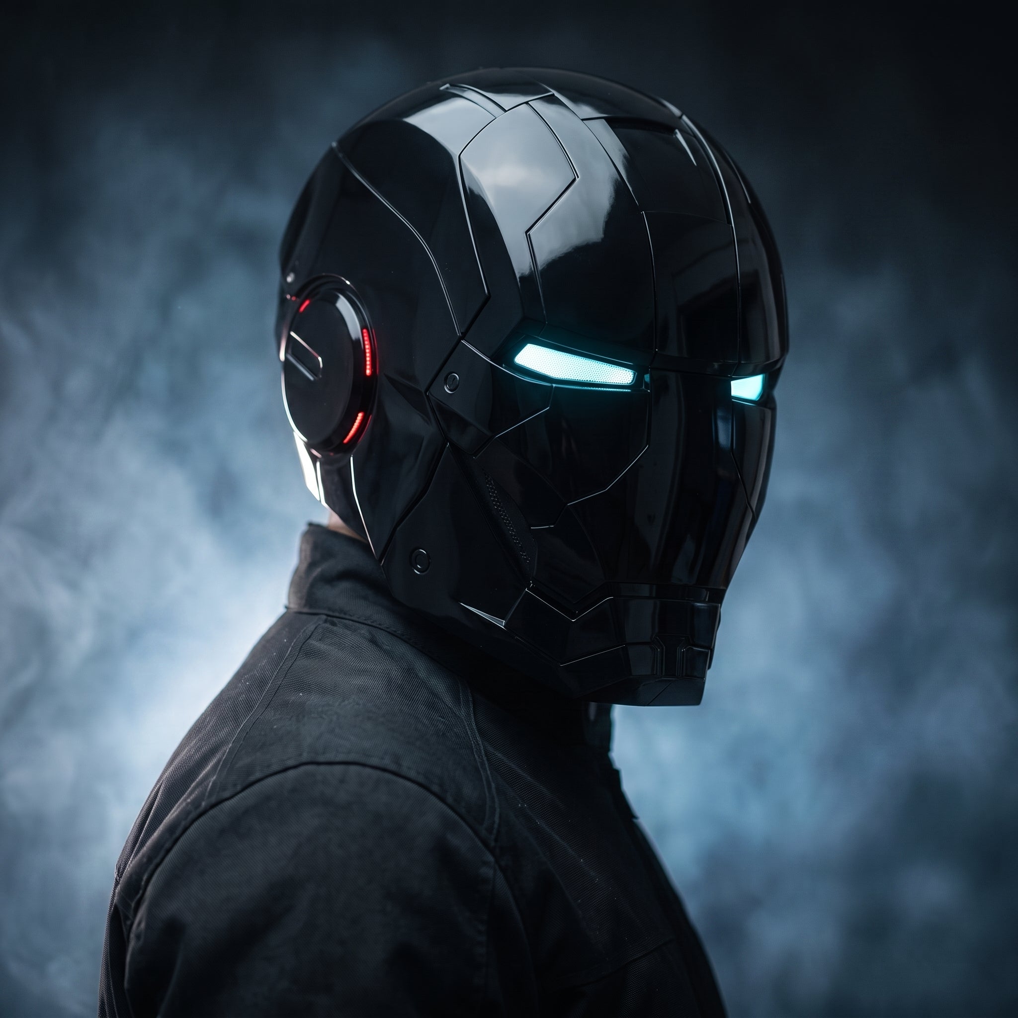 Adult wearing the gloss black Mark V Iron Man helmet with the LED eyes lit