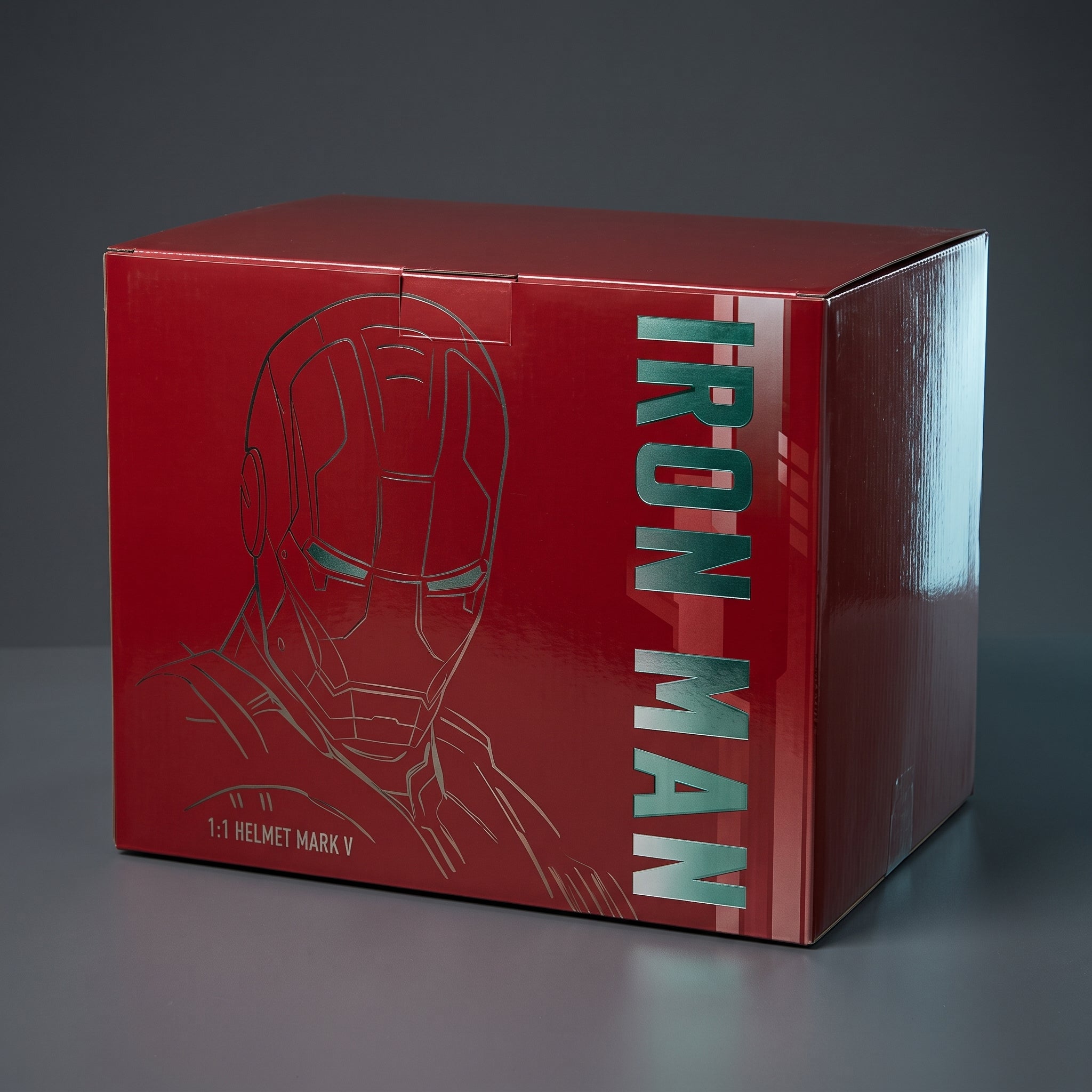 Mark V Iron Man helmet retail box, closed, showing the printed front and side artwork