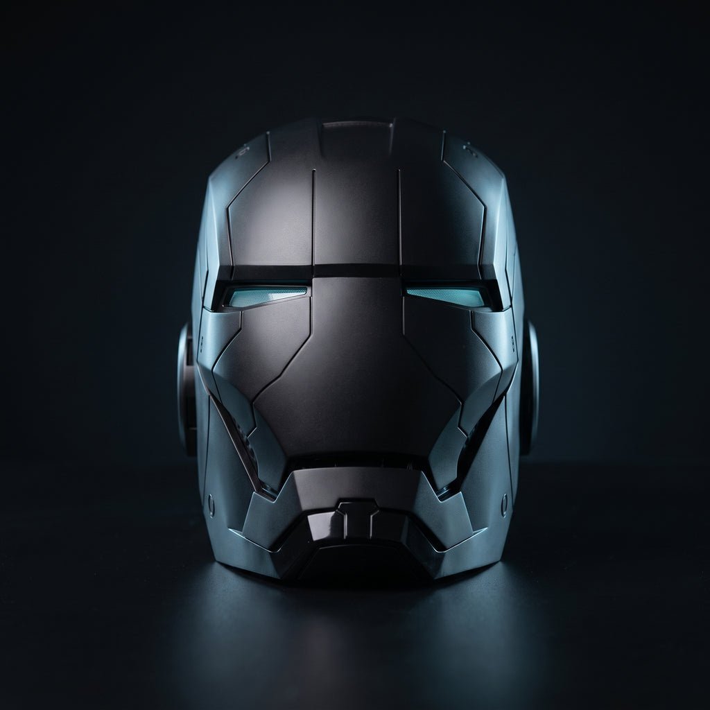 Mark V Iron Man helmet in matte black, front view with LED eyes lit, 1:1 wearable by ArcForge