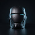 Mark V Iron Man helmet in matte black, front view with LED eyes lit, 1:1 wearable by ArcForge