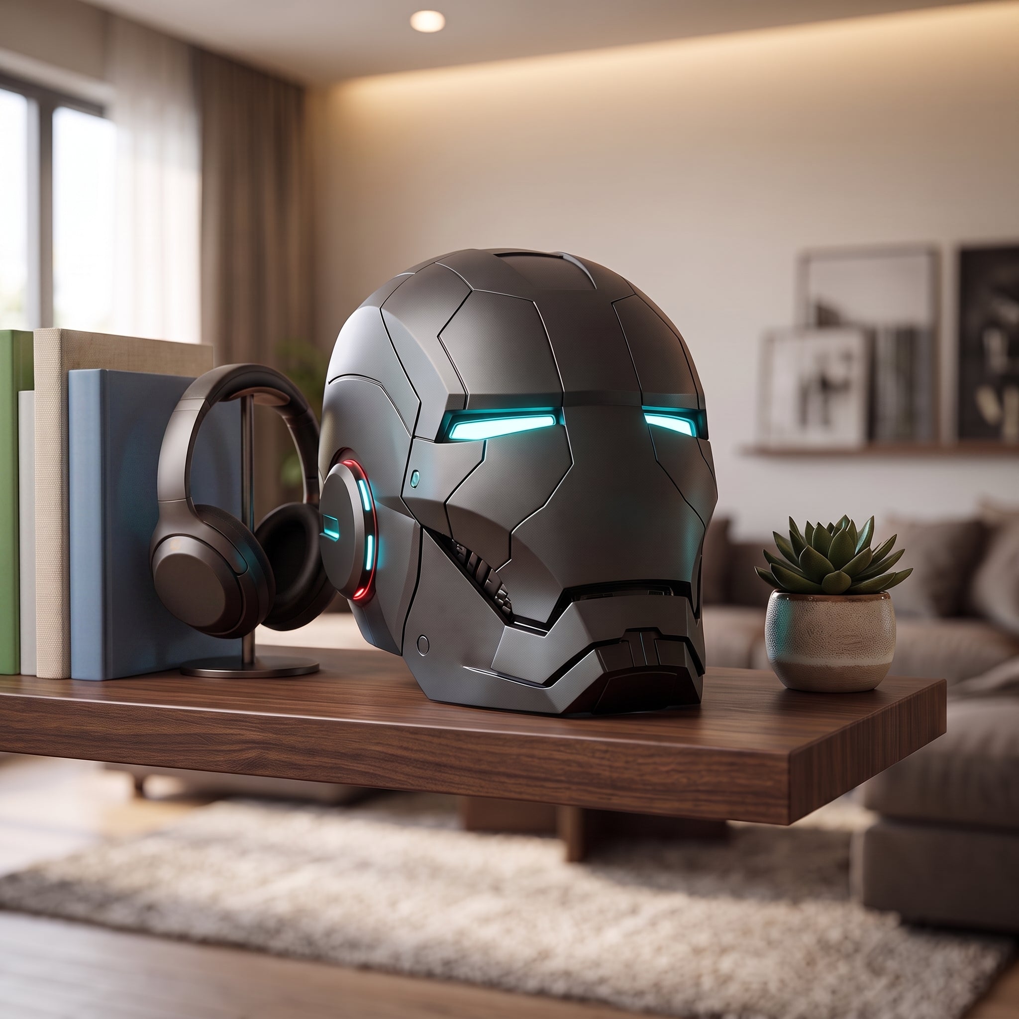 Matte black Mark V Iron Man helmet displayed on a living room shelf, showing 1:1 adult scale