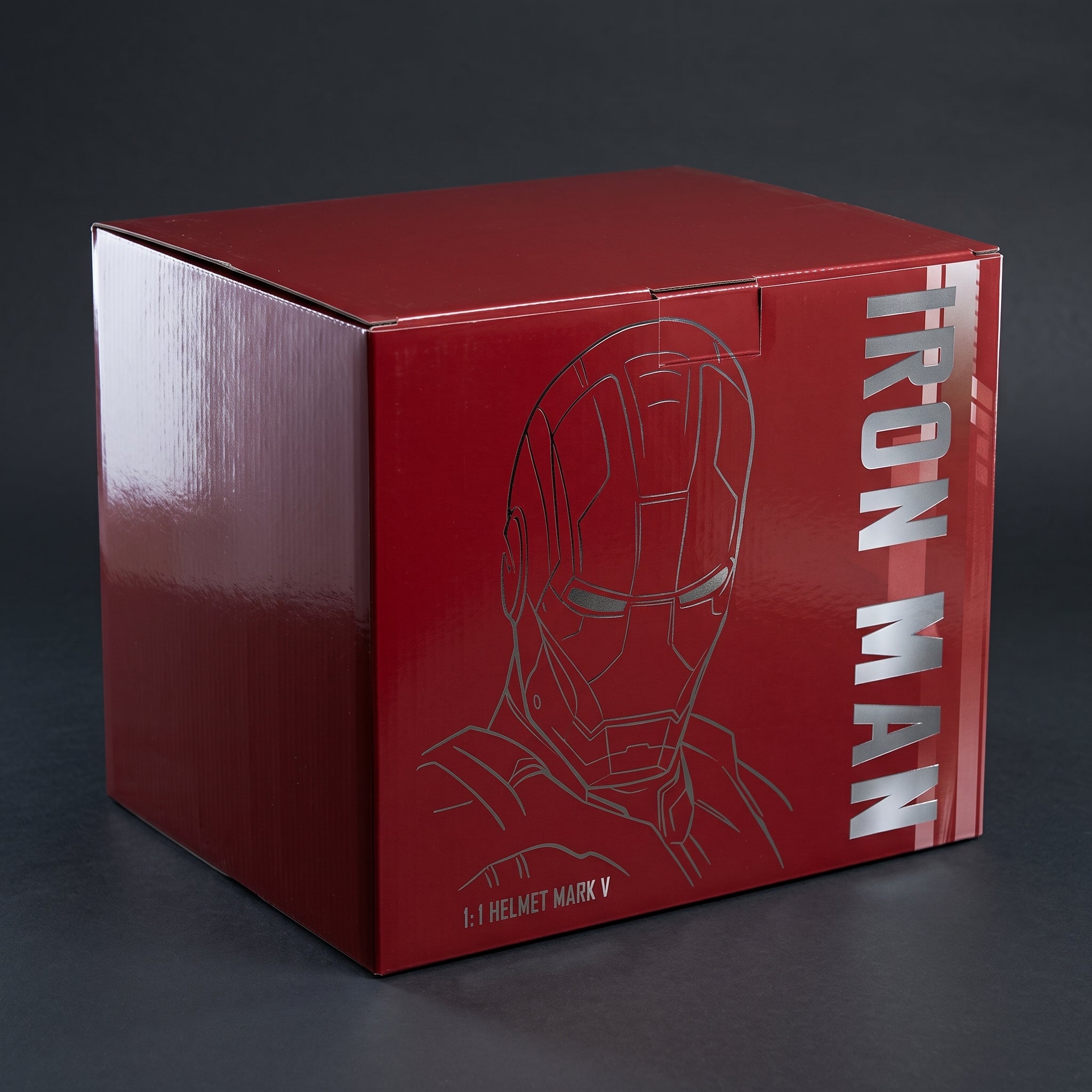 Mark V Iron Man helmet retail box, closed, showing the printed front and side artwork