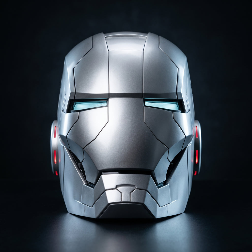 Mark V Iron Man helmet in full silver, front view with LED eyes lit, 1:1 wearable by ArcForge