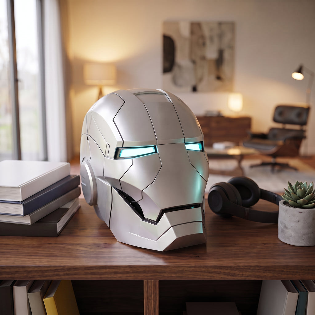 Full silver Mark V Iron Man helmet displayed on a living room shelf, showing 1:1 adult scale