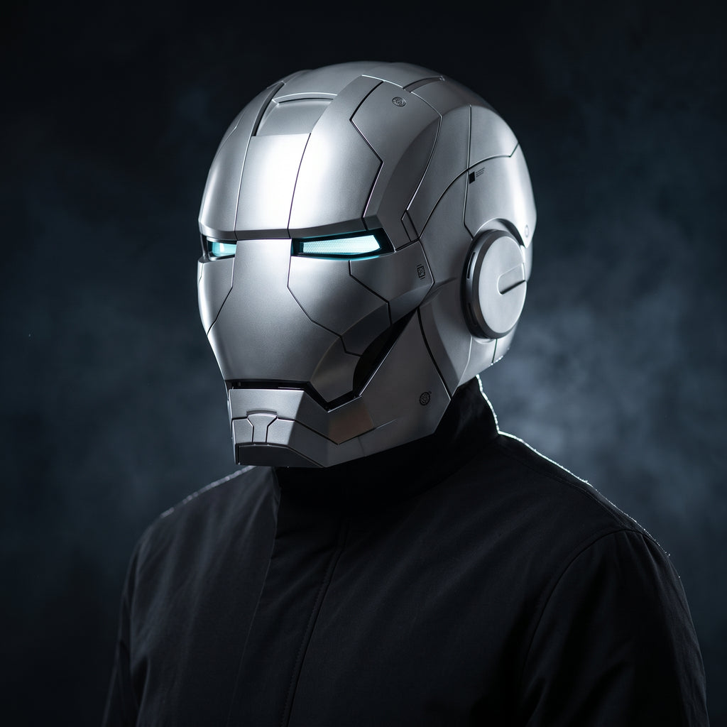 Adult wearing the full silver Mark V Iron Man helmet with the LED eyes lit