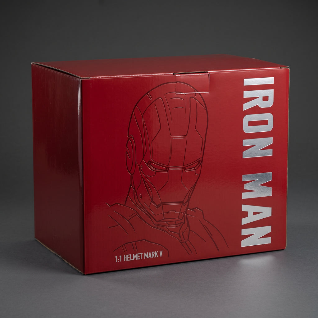 Mark V Iron Man helmet retail box, closed, showing the printed front and side artwork