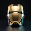 Mark V Iron Man helmet in black and gold, front view with LED eyes lit, 1:1 wearable by ArcForge