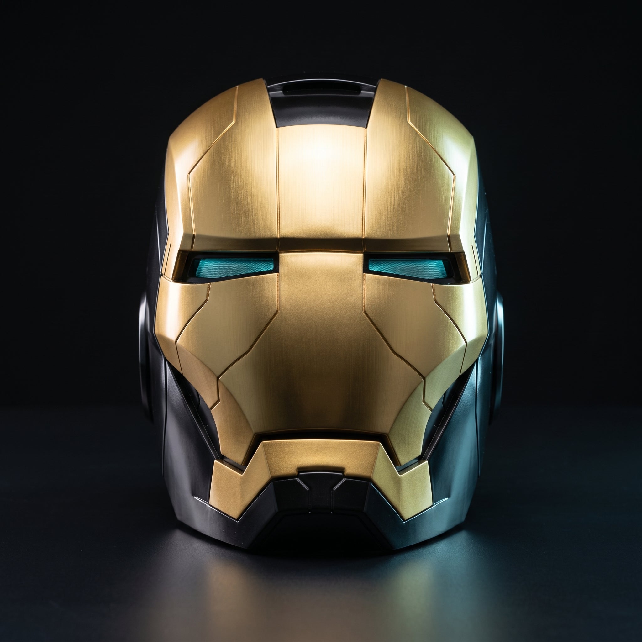 Mark V Iron Man helmet in black and gold, front view with LED eyes lit, 1:1 wearable by ArcForge