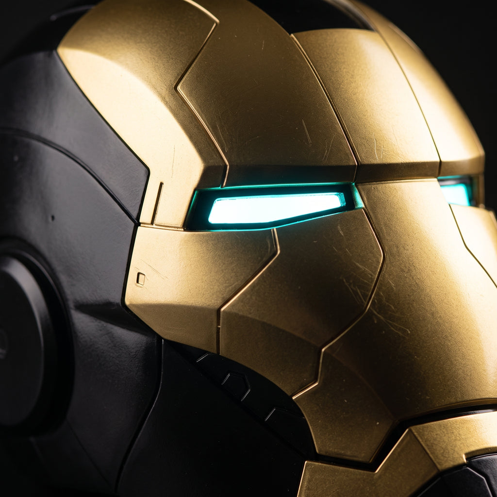 Close-up of the black and gold Mark V helmet showing panel seams and illuminated LED eye slits