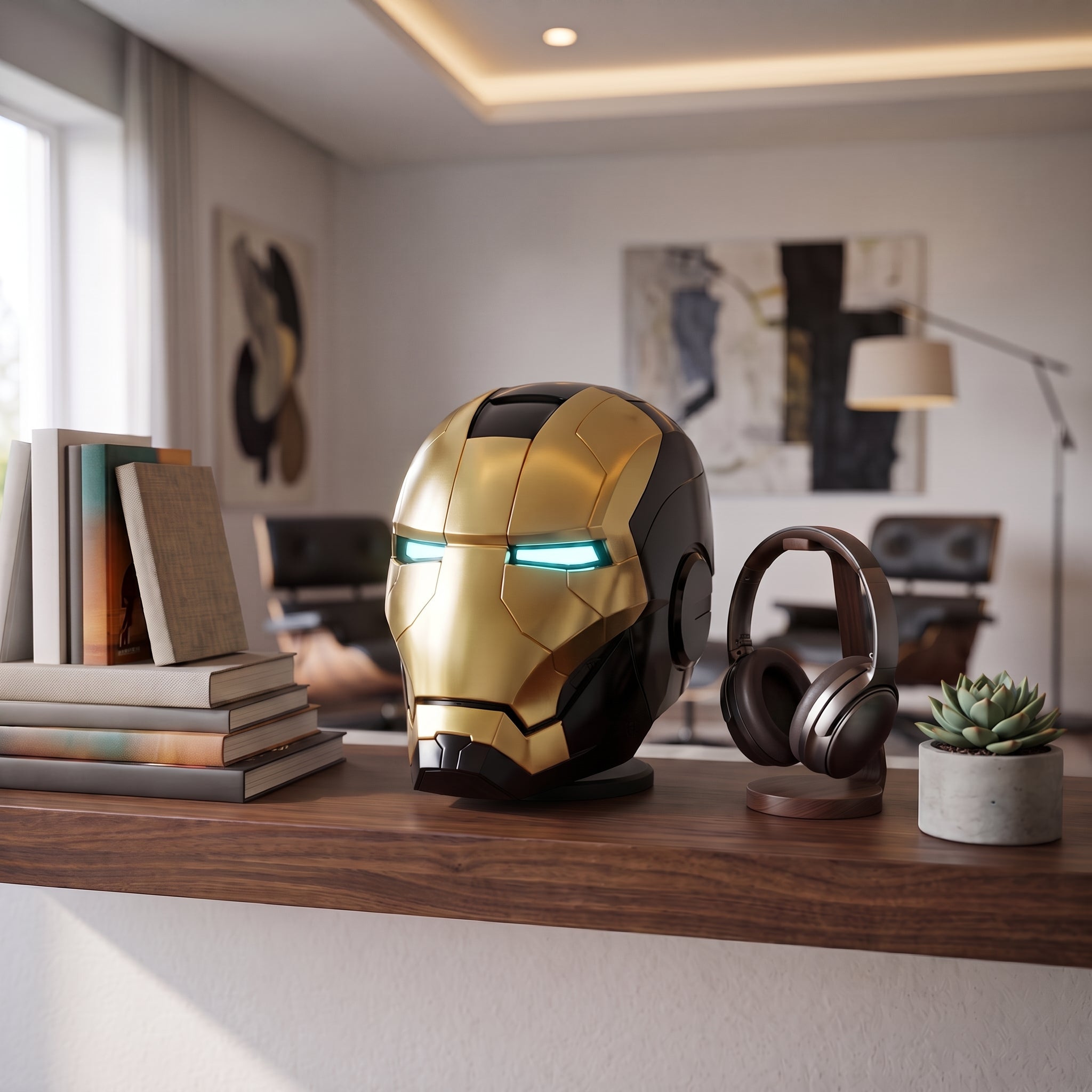 Black and gold Mark V Iron Man helmet displayed on a living room shelf, showing 1:1 adult scale
