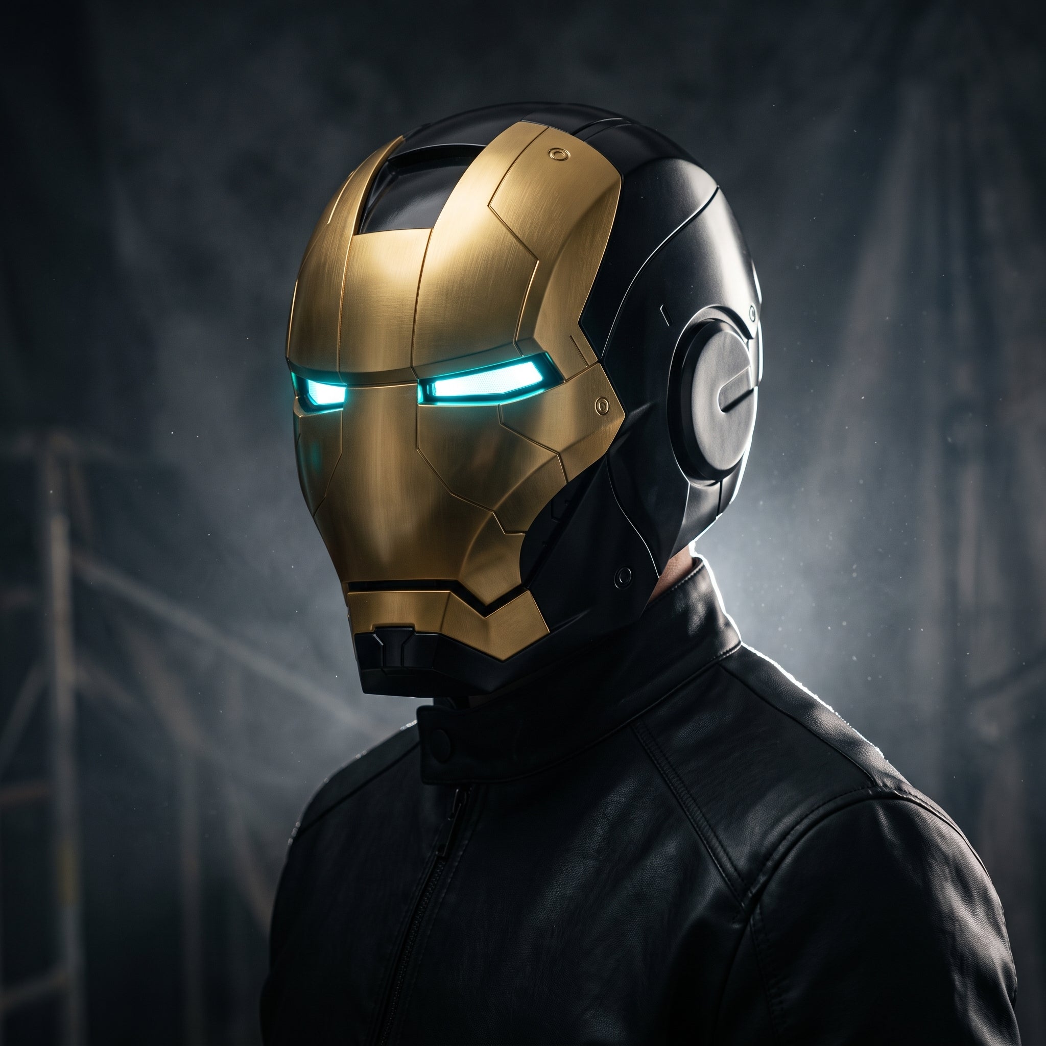Adult wearing the black and gold Mark V Iron Man helmet with the LED eyes lit