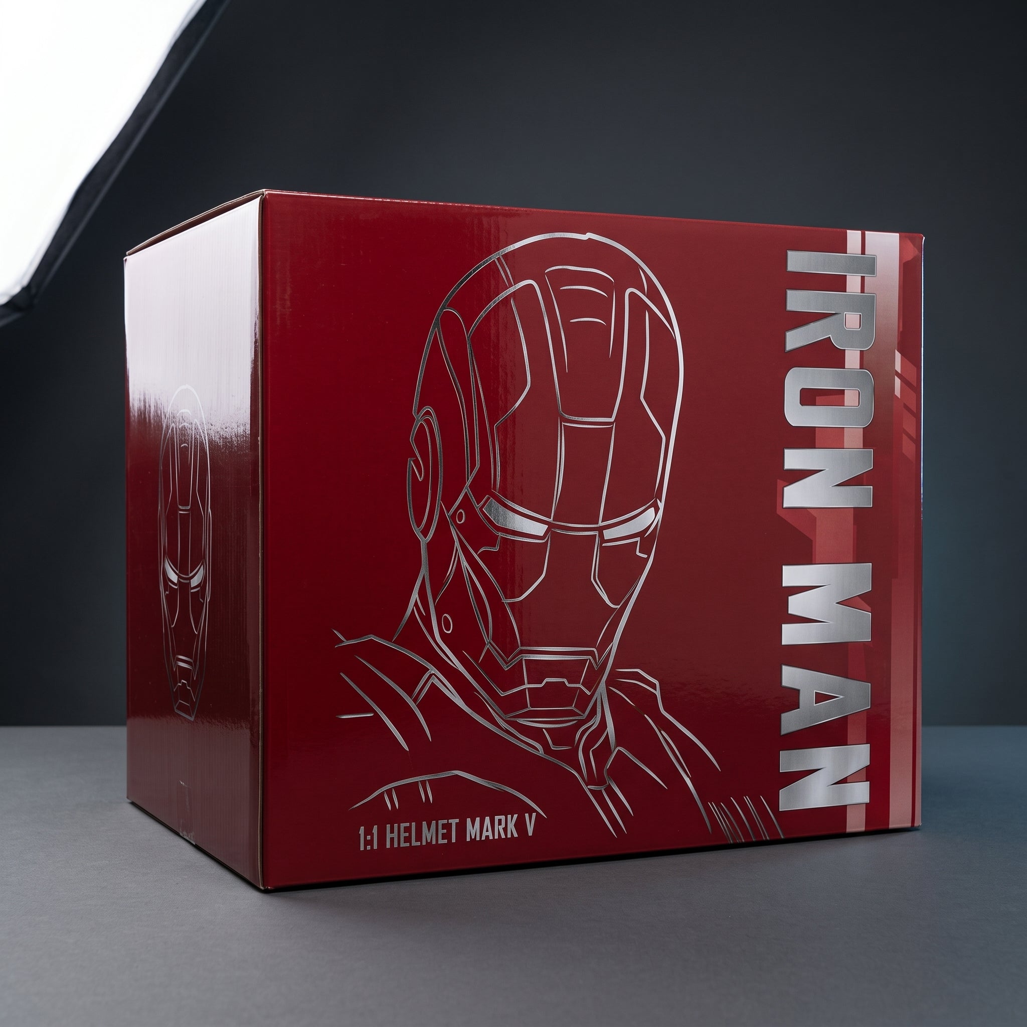 Mark V Iron Man helmet retail box, closed, showing the printed front and side artwork