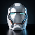 Mark V Iron Man helmet in white and silver, front view with LED eyes lit, 1:1 wearable by ArcForge
