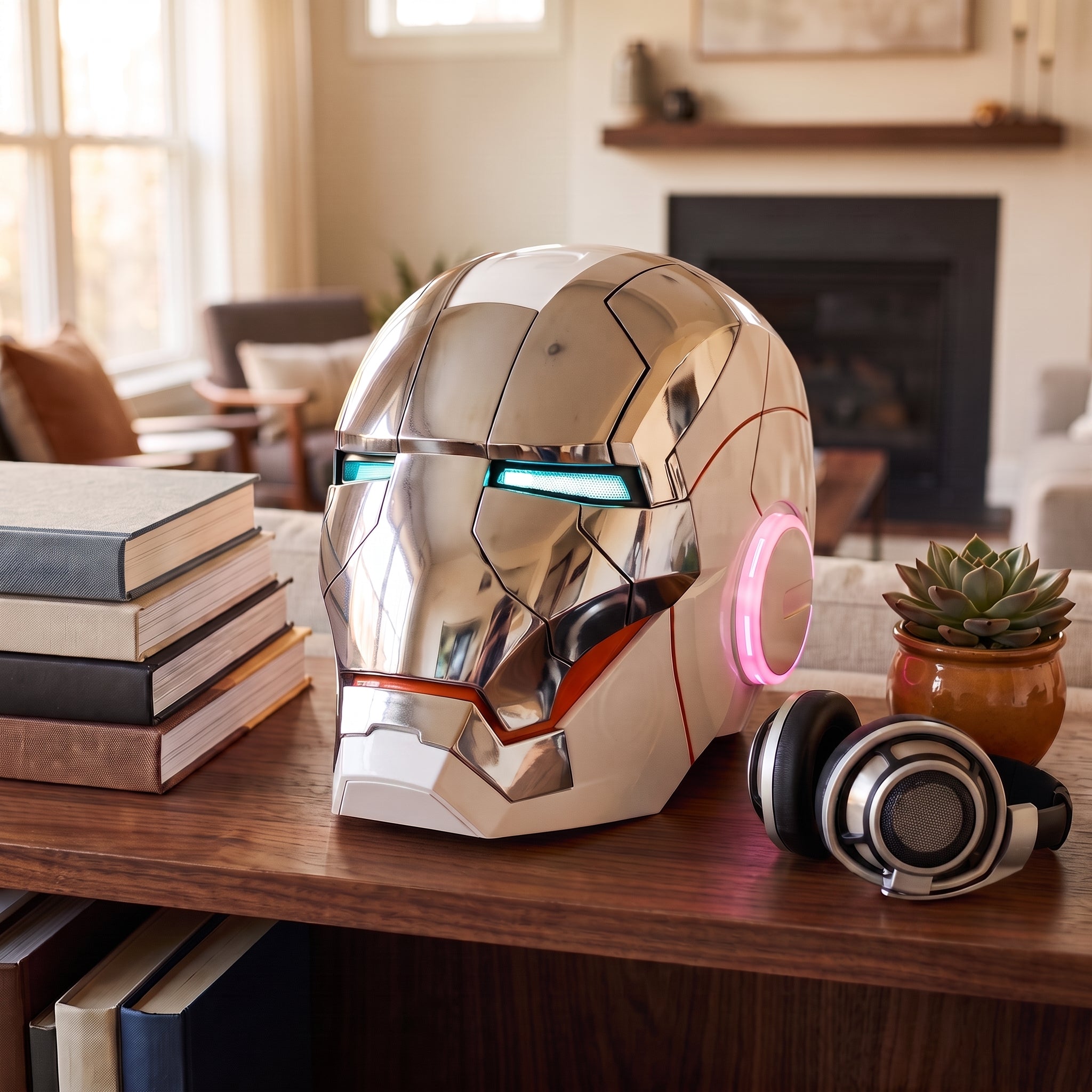 White and silver Mark V Iron Man helmet displayed on a living room shelf, showing 1:1 adult scale