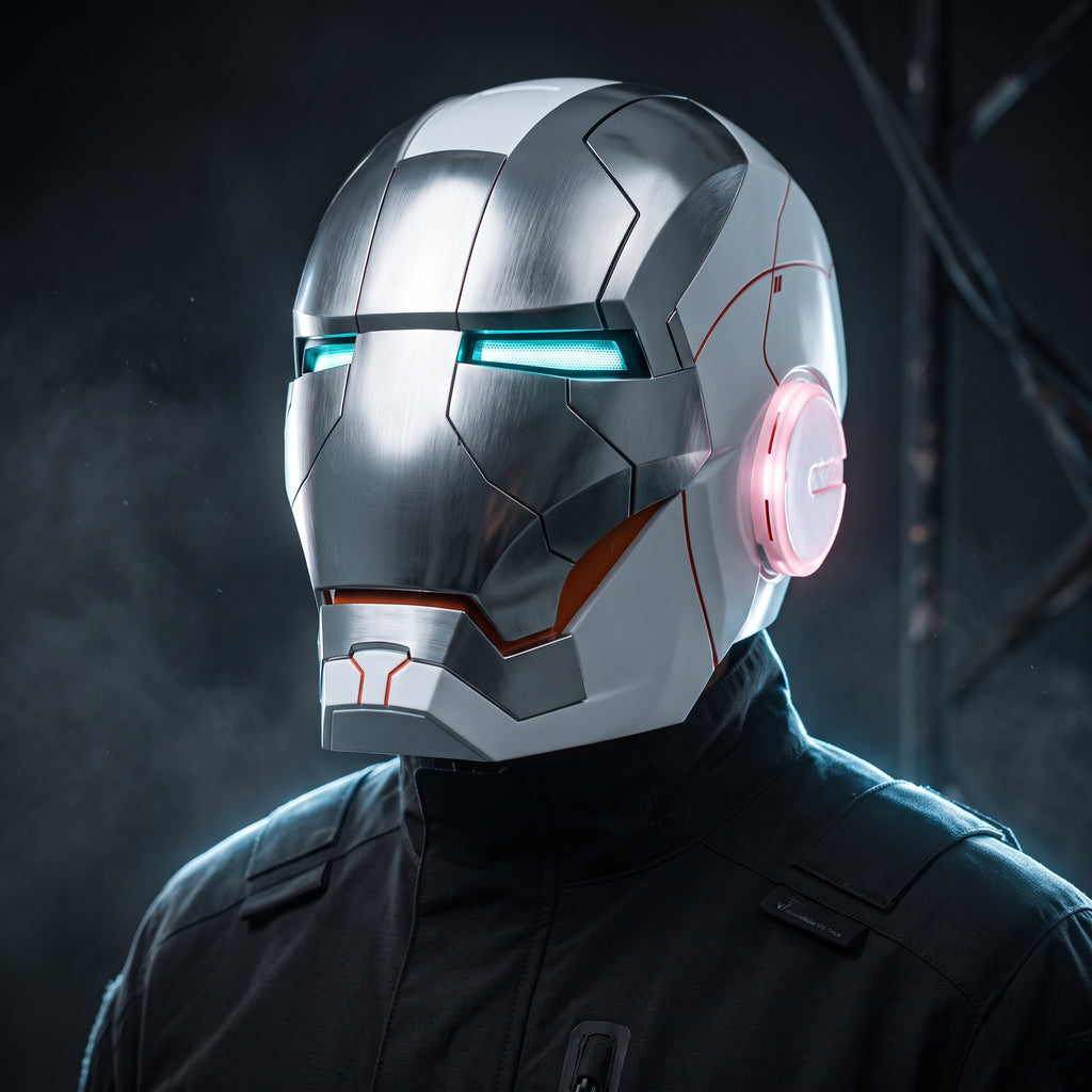 Adult wearing the white and silver Mark V Iron Man helmet with the LED eyes lit