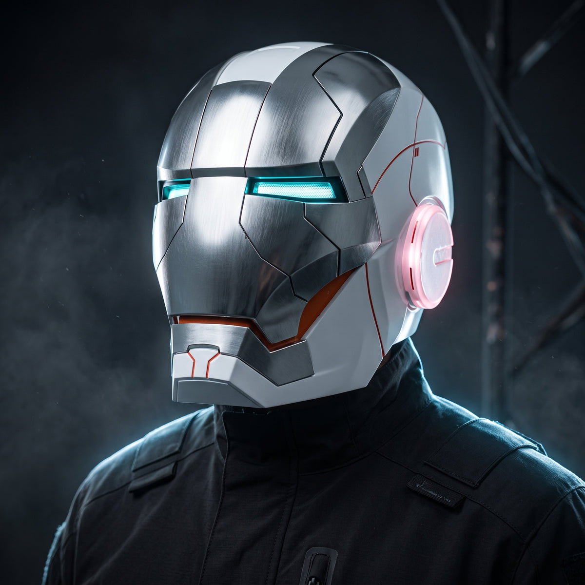 Adult wearing the white and silver Mark V Iron Man helmet with the LED eyes lit