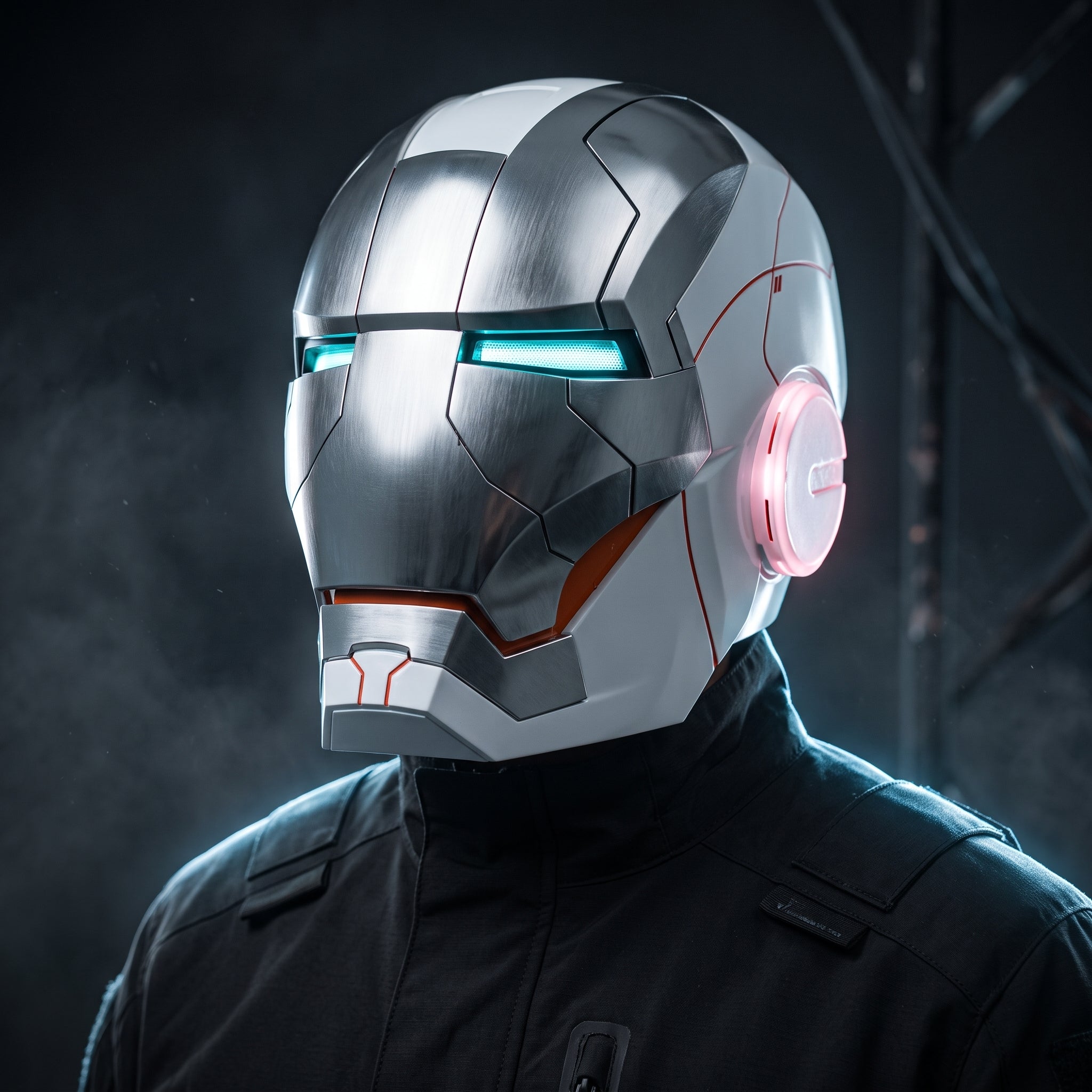 Adult wearing the white and silver Mark V Iron Man helmet with the LED eyes lit
