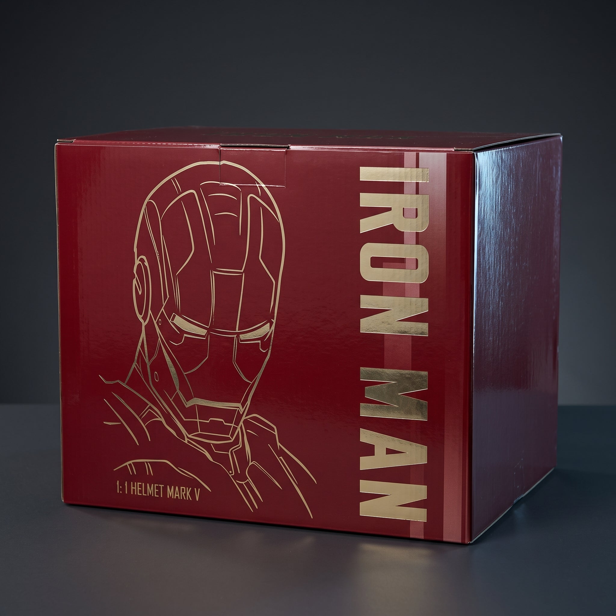 Mark V Iron Man helmet retail box, closed, showing the printed front and side artwork