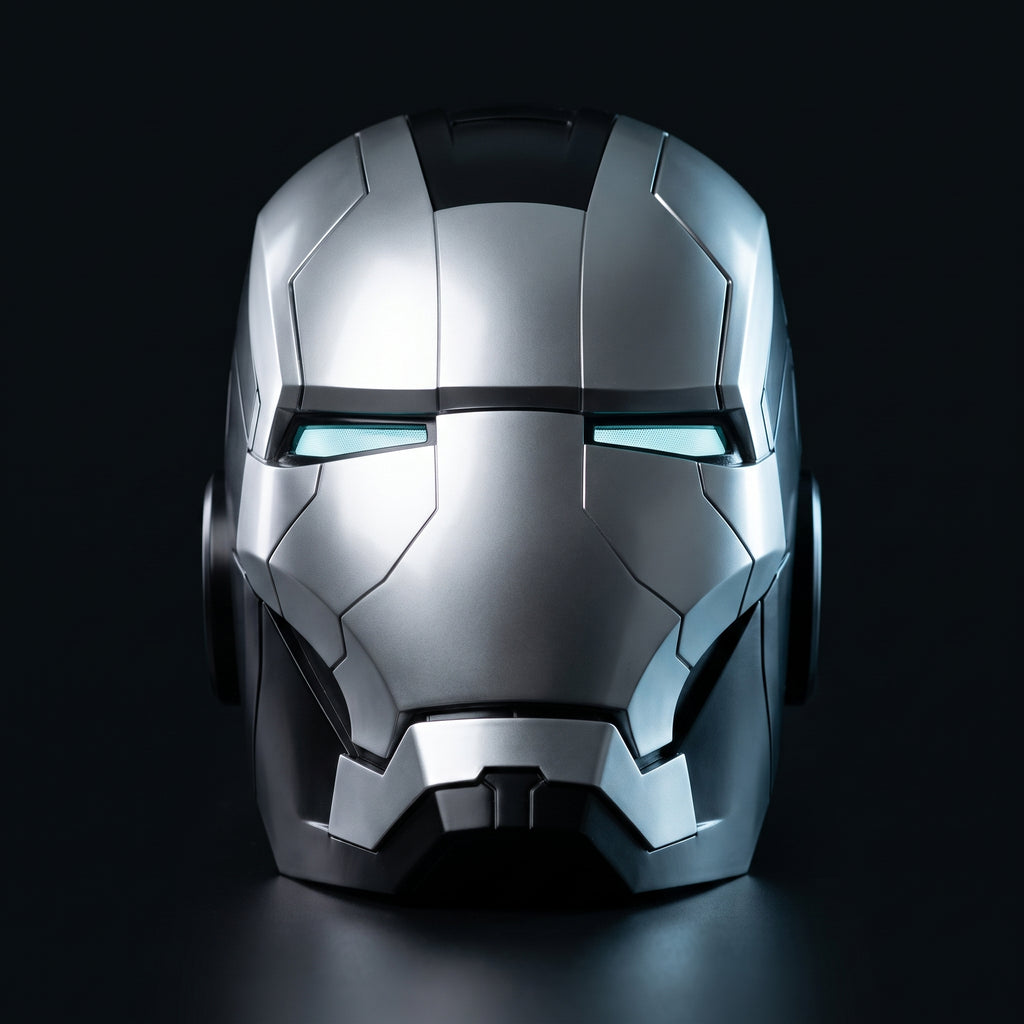 Mark V Iron Man helmet in black and silver, front view with LED eyes lit, 1:1 wearable by ArcForge