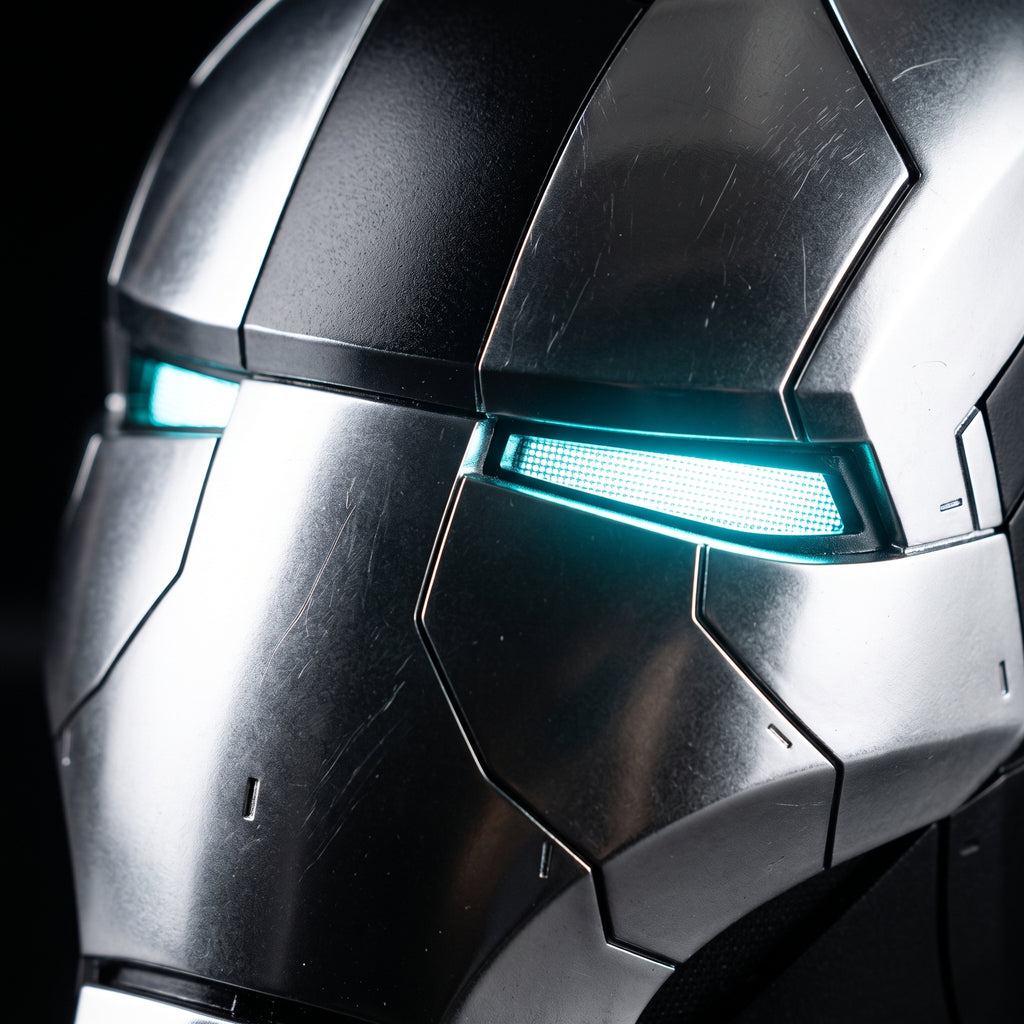 Close-up of the black and silver Mark V helmet showing panel seams and illuminated LED eye slits