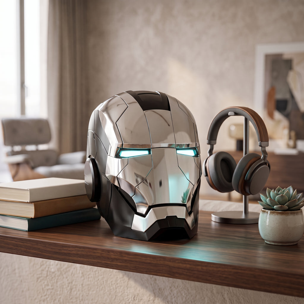 Black and silver Mark V Iron Man helmet displayed on a living room shelf, showing 1:1 adult scale