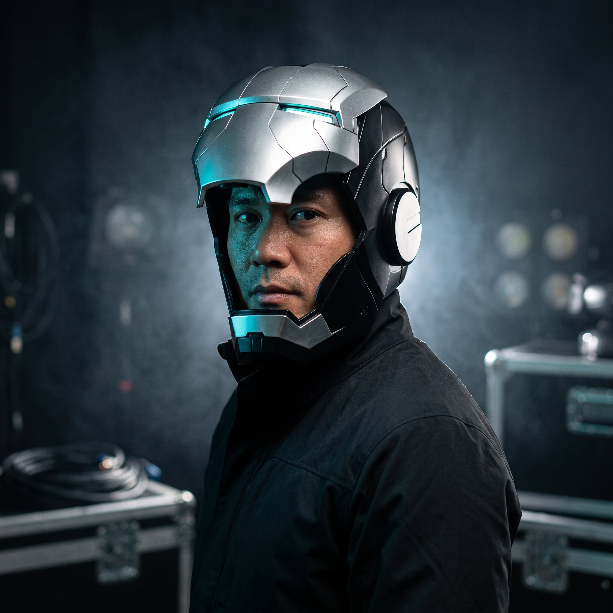 Adult wearing the black and silver Mark V Iron Man helmet with the LED eyes lit