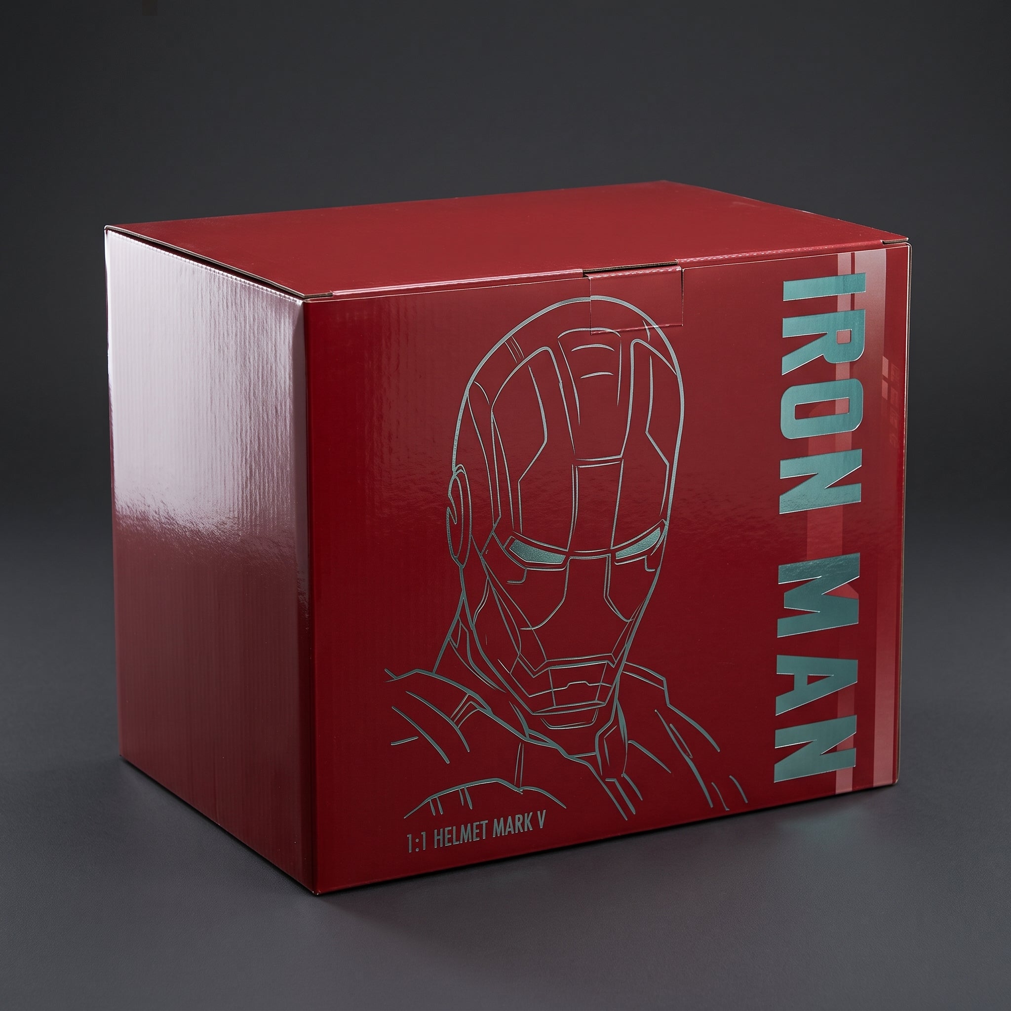 Mark V Iron Man helmet retail box, closed, showing the printed front and side artwork