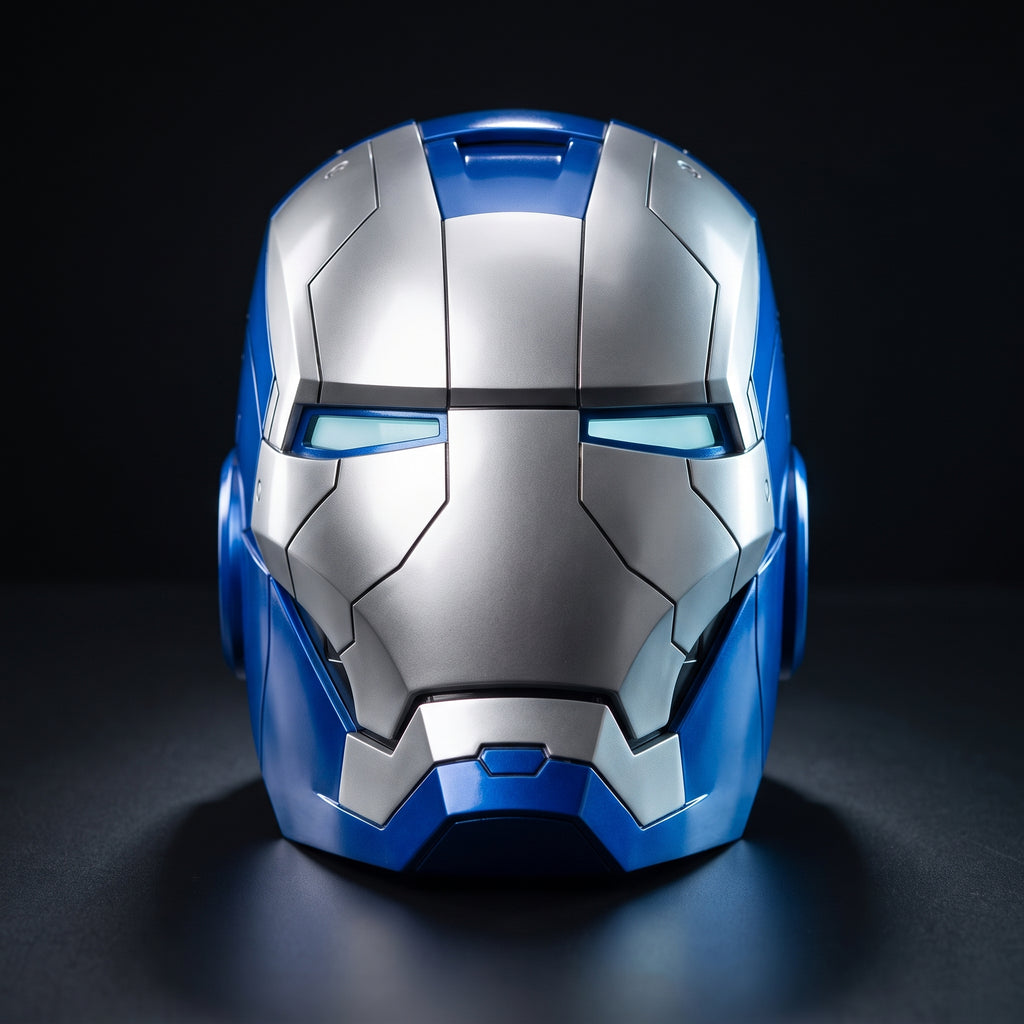 Mark V Iron Man helmet in blue and silver, front view with LED eyes lit, 1:1 wearable by ArcForge