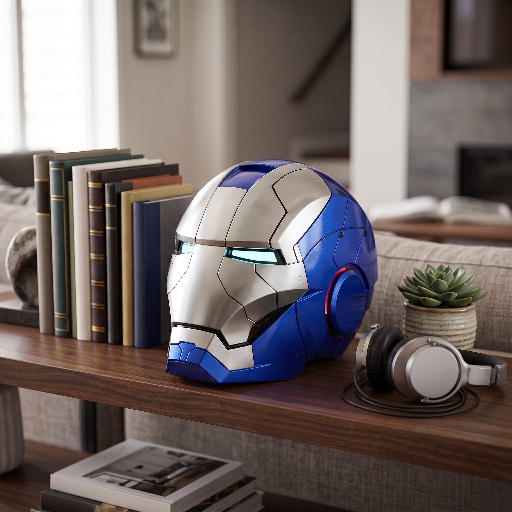 Blue and silver Mark V Iron Man helmet displayed on a living room shelf, showing 1:1 adult scale