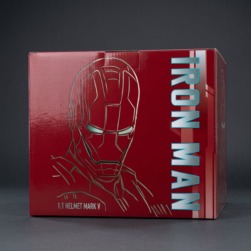 Mark V Iron Man helmet retail box, closed, showing the printed front and side artwork