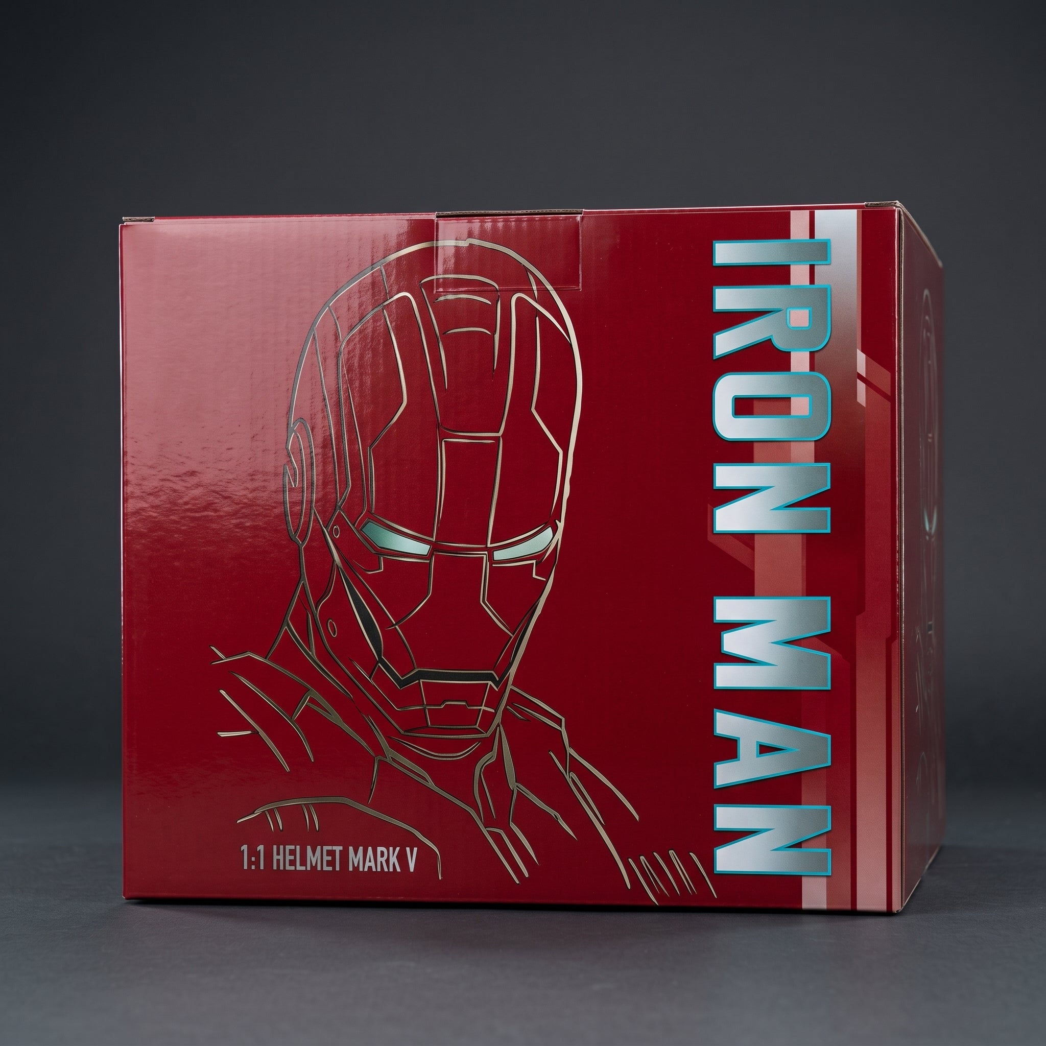 Mark V Iron Man helmet retail box, closed, showing the printed front and side artwork