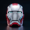 Mark V Iron Man helmet in silver and red, front view with LED eyes lit, 1:1 wearable by ArcForge