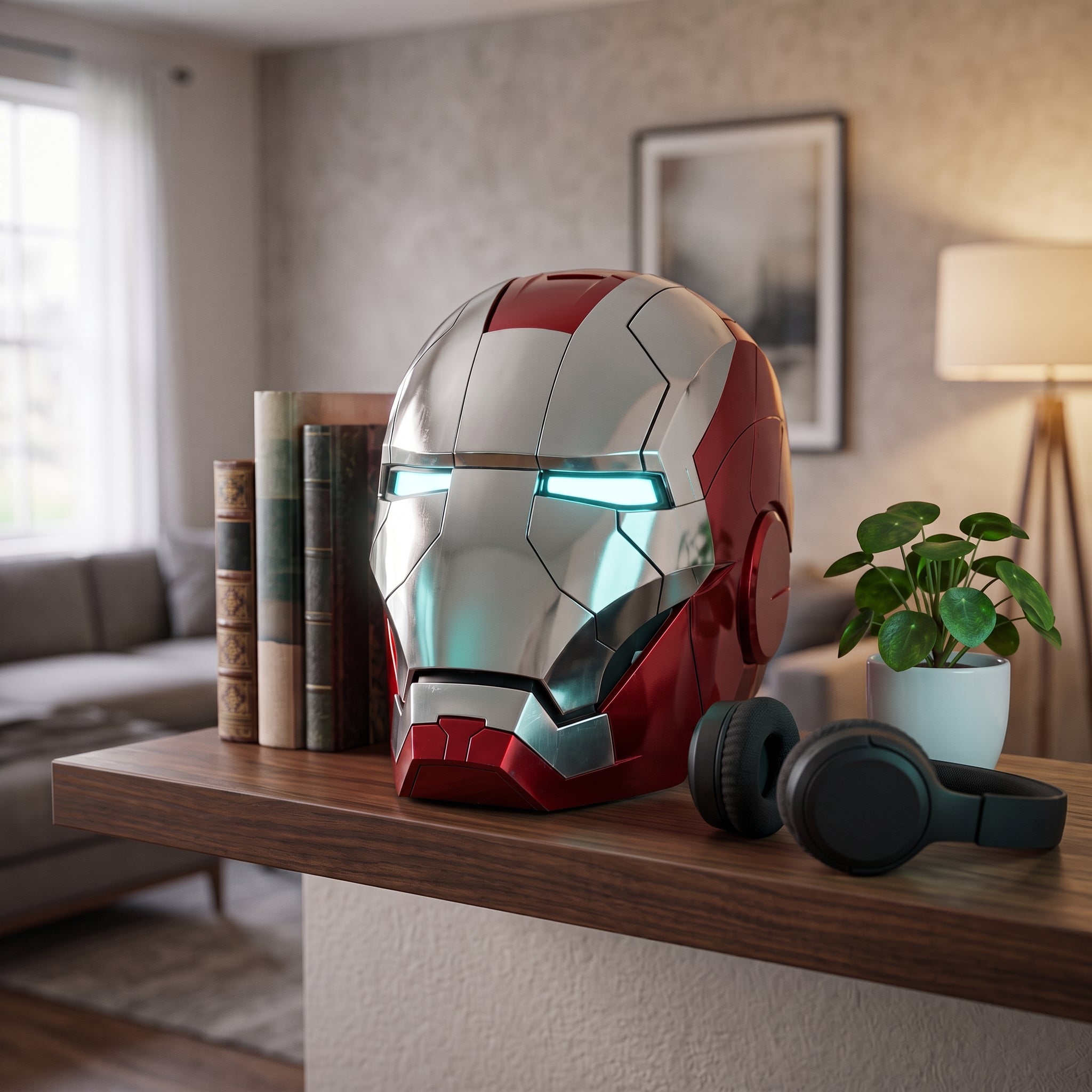 Silver and red Mark V Iron Man helmet displayed on a living room shelf, showing 1:1 adult scale