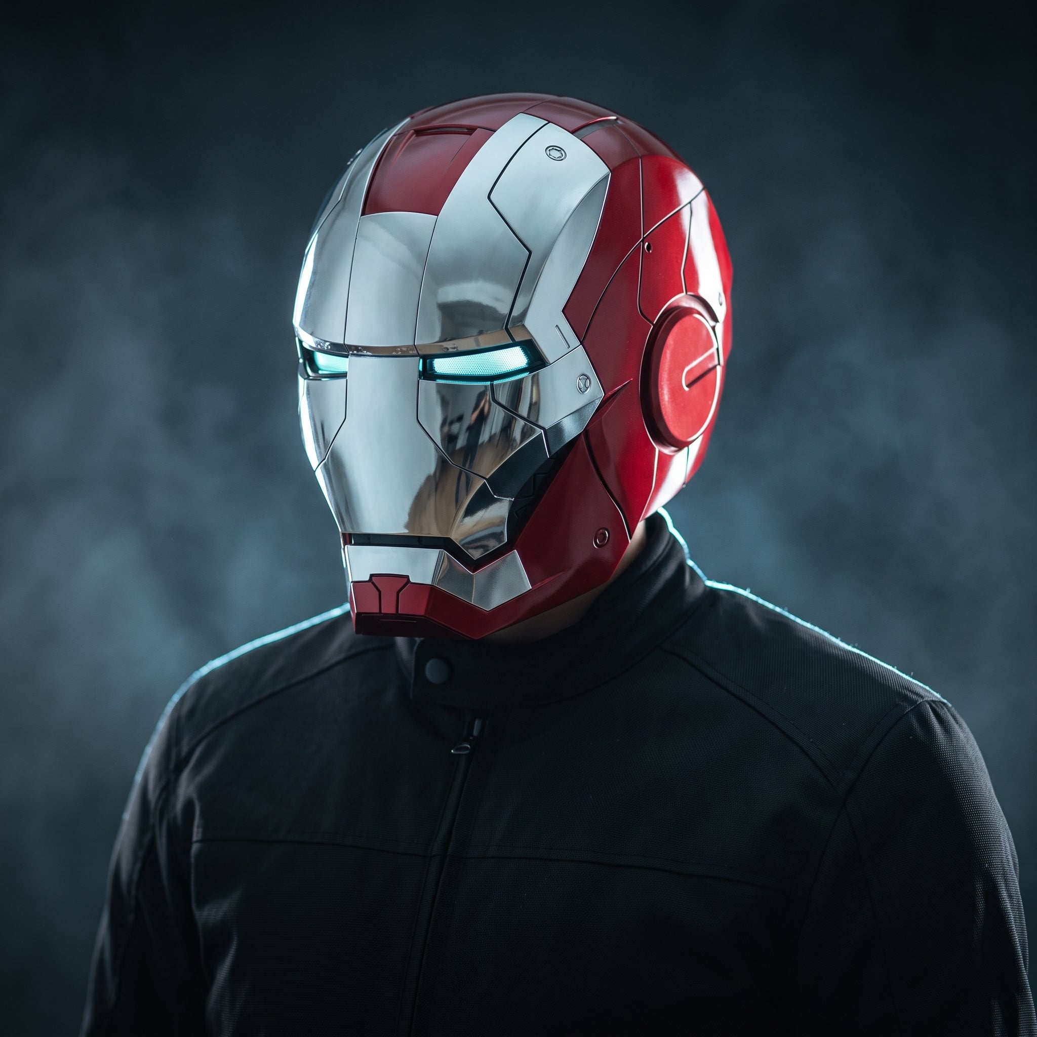 Adult wearing the silver and red Mark V Iron Man helmet with the LED eyes lit