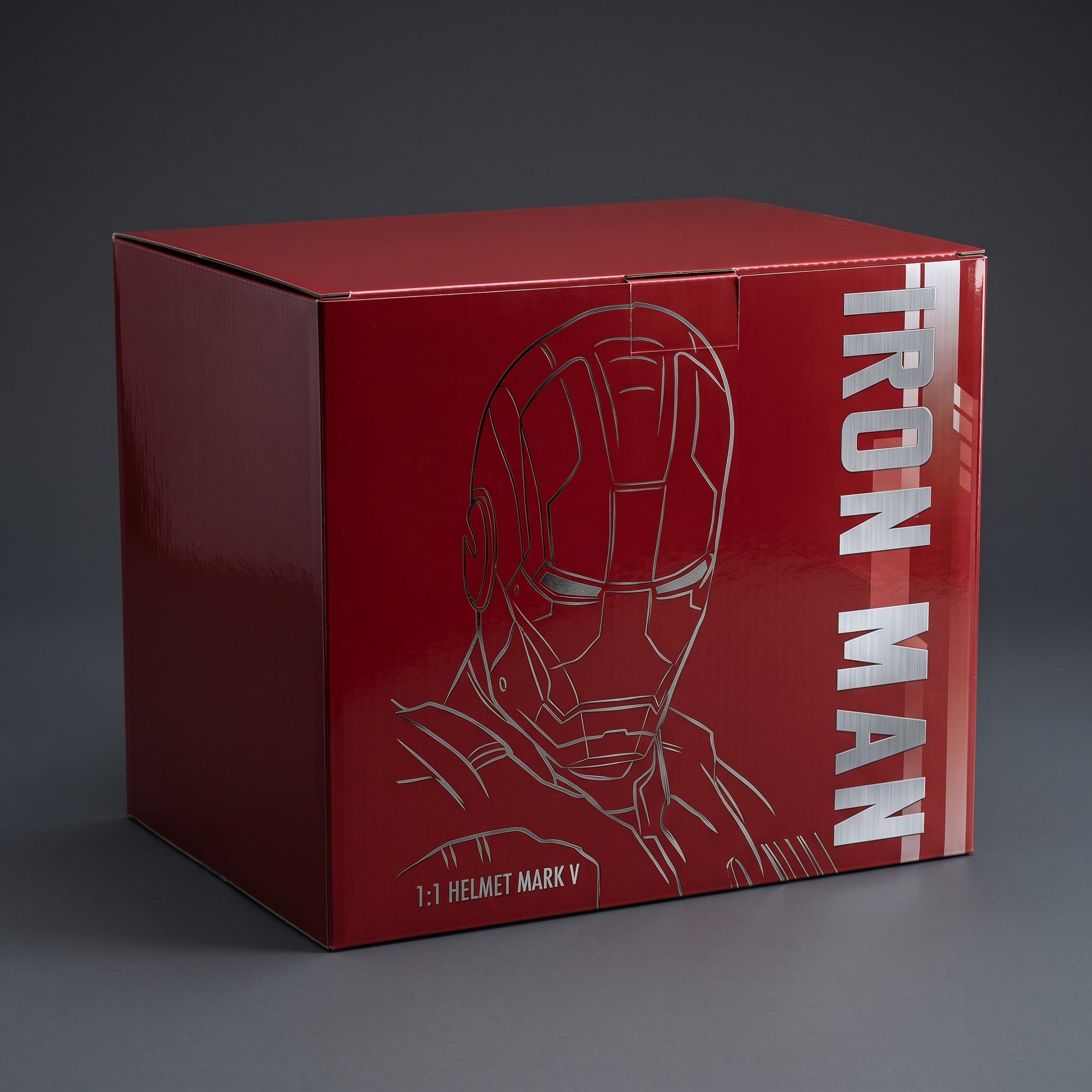 Mark V Iron Man helmet retail box, closed, showing the printed front and side artwork