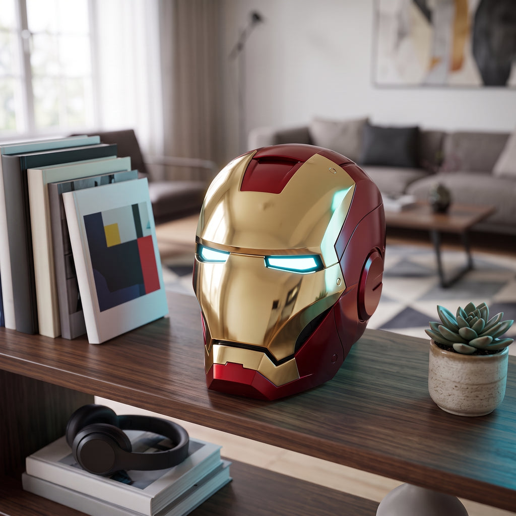 Gold and red Mark V Iron Man helmet displayed on a living room shelf, showing 1:1 adult scale