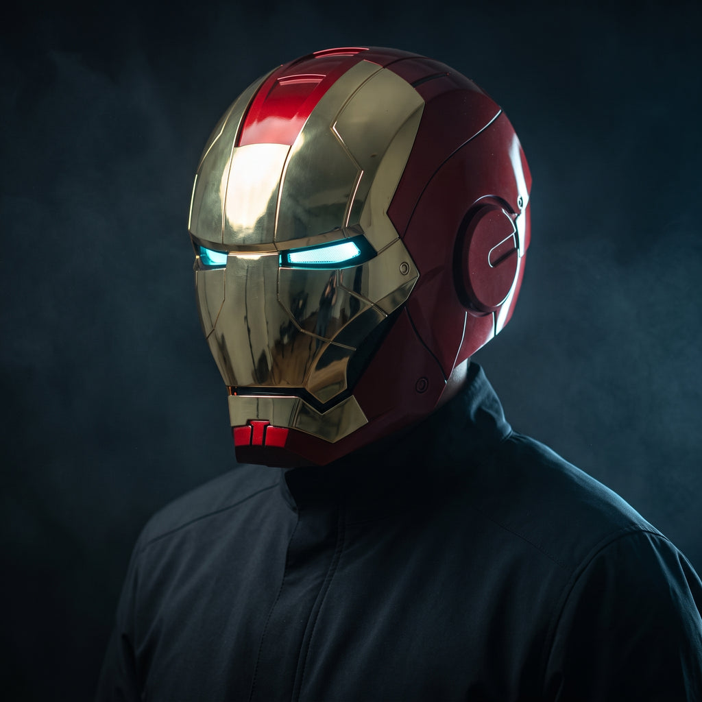 Adult wearing the gold and red Mark V Iron Man helmet with the LED eyes lit