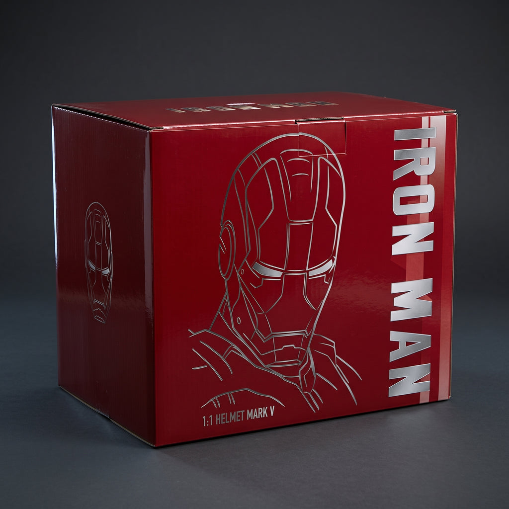 Mark V Iron Man helmet retail box, closed, showing the printed front and side artwork