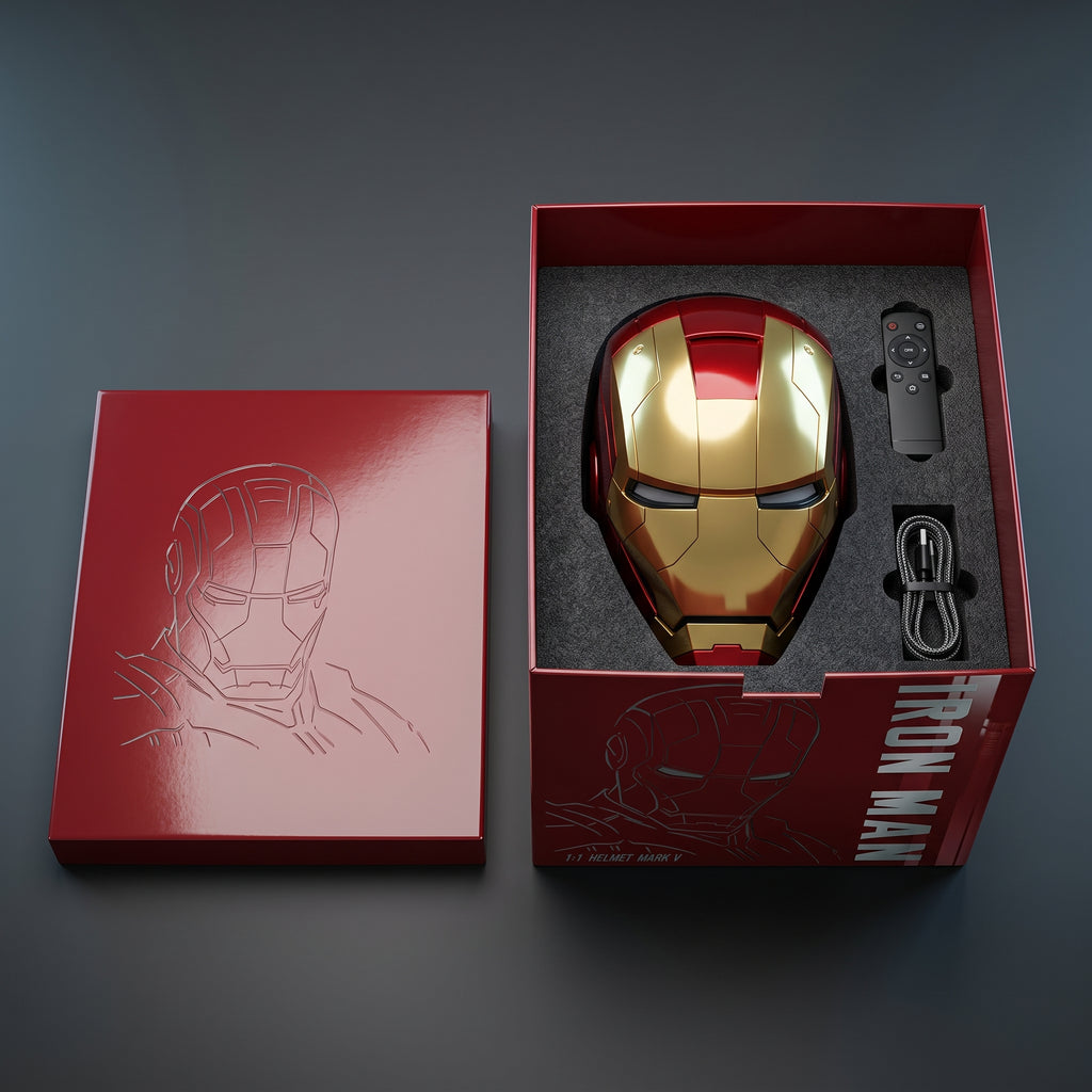 Gold and red Mark V helmet in its open box with remote control and USB charging cable