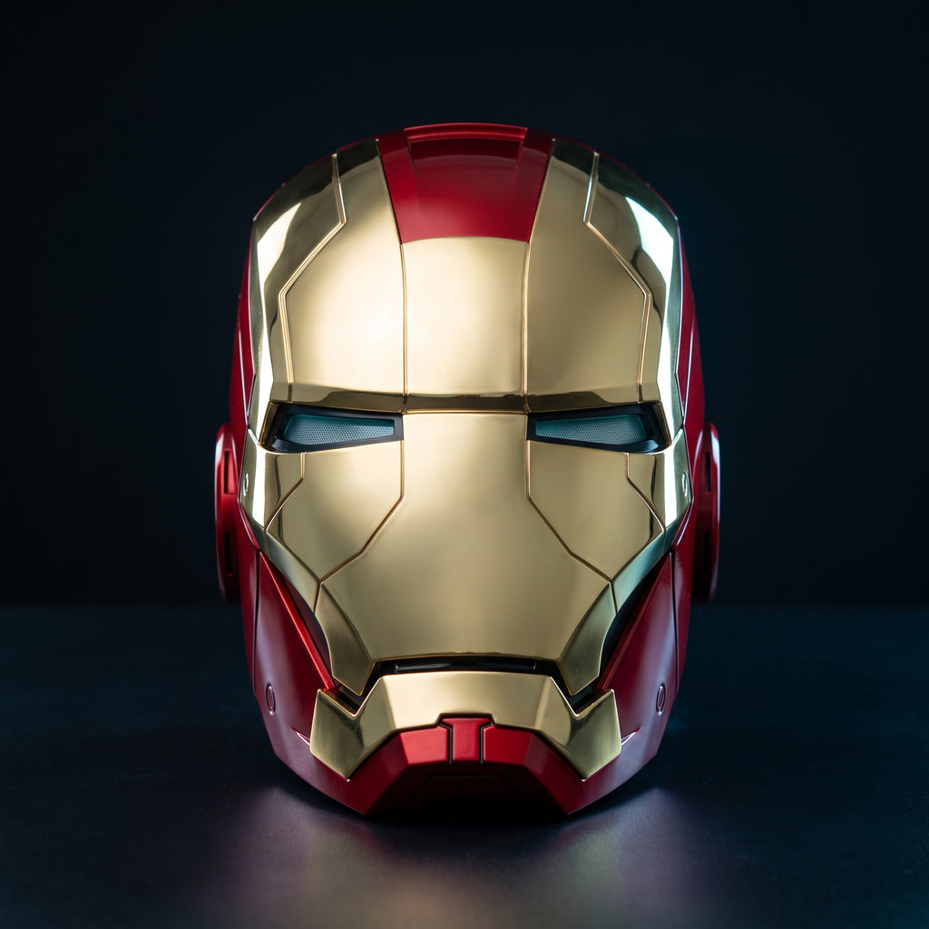 Mark V Iron Man helmet in gold and red, front view with LED eyes lit, 1:1 wearable by ArcForge