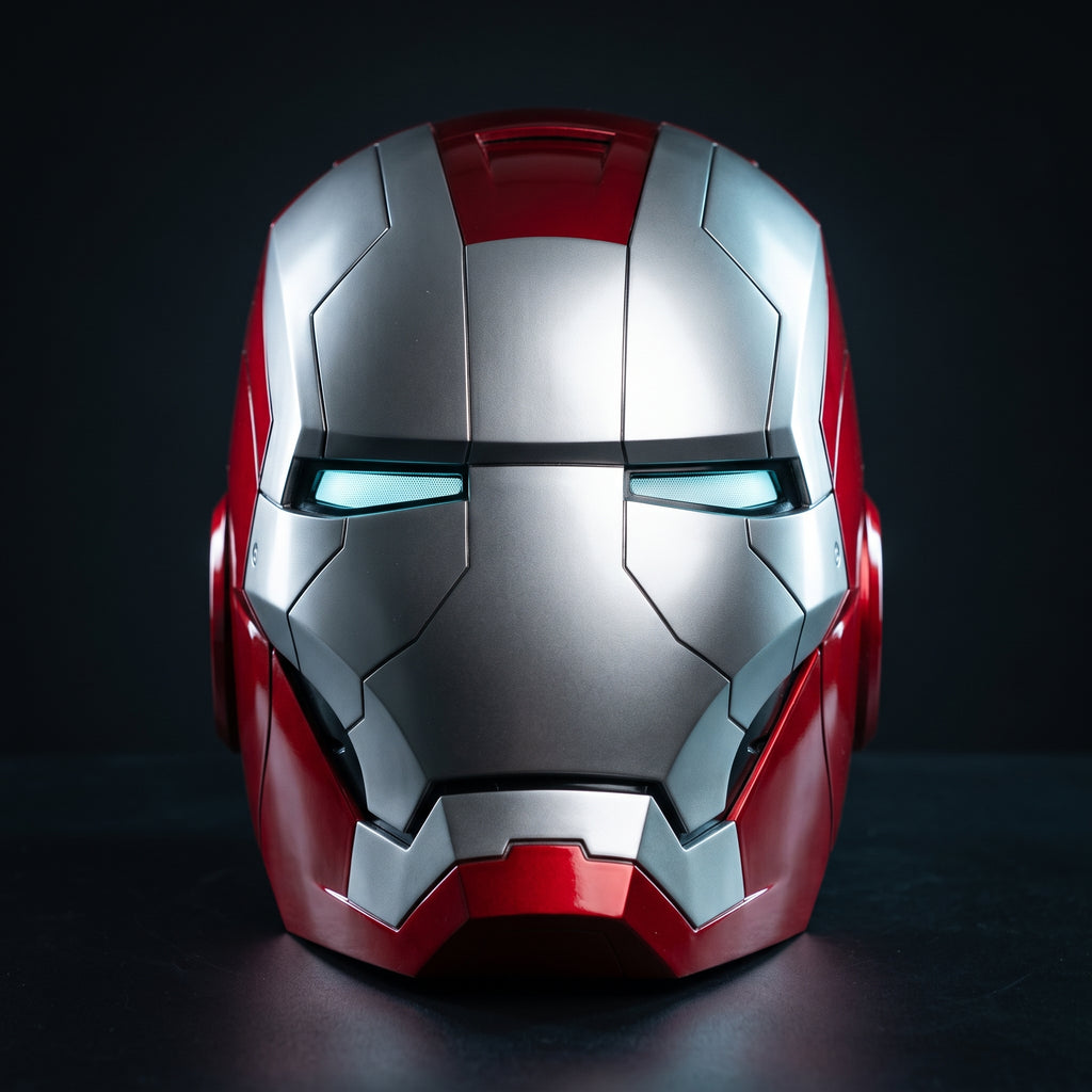 Mark V Iron Man helmet in matte silver and red, front view with LED eyes lit, 1:1 wearable