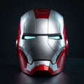 Mark V Iron Man helmet in matte silver and red, front view with LED eyes lit, 1:1 wearable